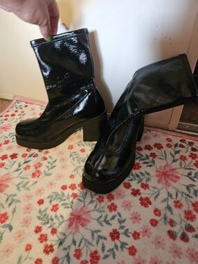 Women's Black Patent Platform Mid-Calf Boots